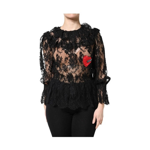 Dolce & Gabbana Black Cotton Floral Lace Women Blouse Top
