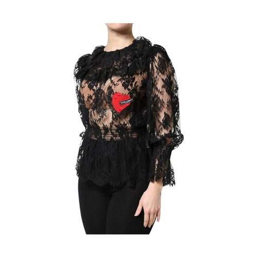 Dolce & Gabbana Black Cotton Floral Lace Women Blouse Top