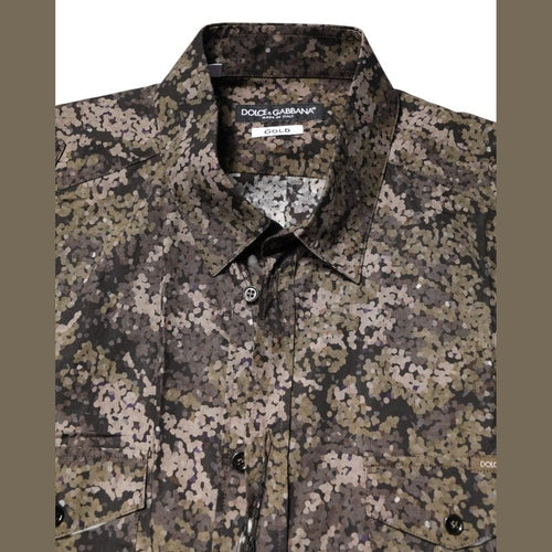 Dolce & Gabbana Multicolor Camouflage Button Down GOLD Shirt