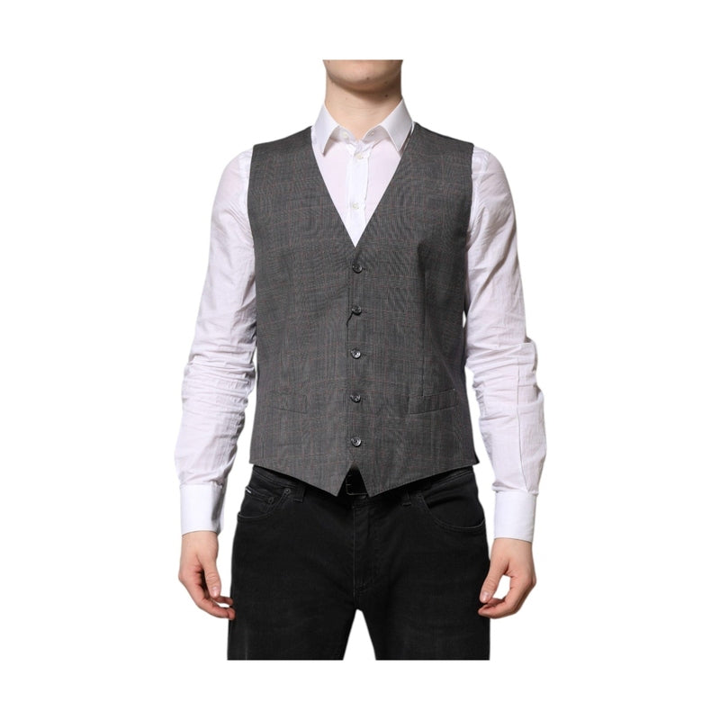 Dolce & Gabbana Gray Plaid Wool Formal Dress Waistcoat Vest