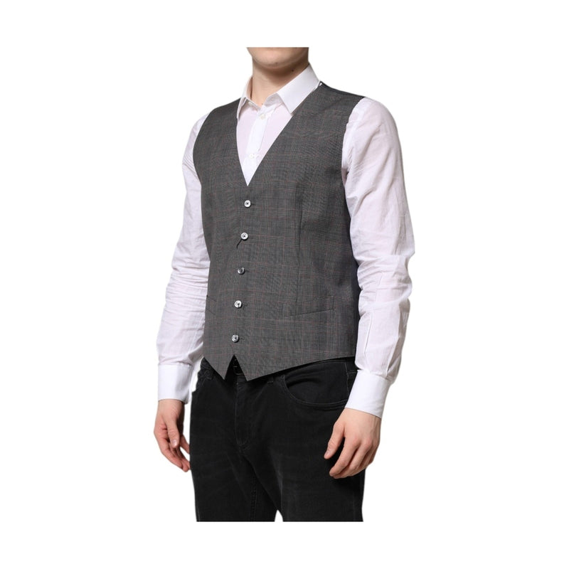 Dolce & Gabbana Gray Plaid Wool Formal Dress Waistcoat Vest