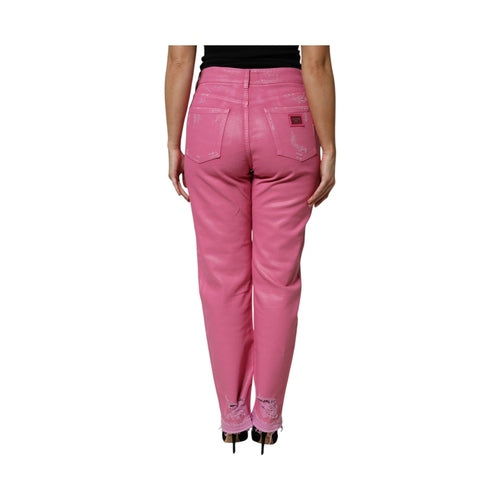 Dolce & Gabbana Pink Tattered Mid Waist Tapered Denim Jeans