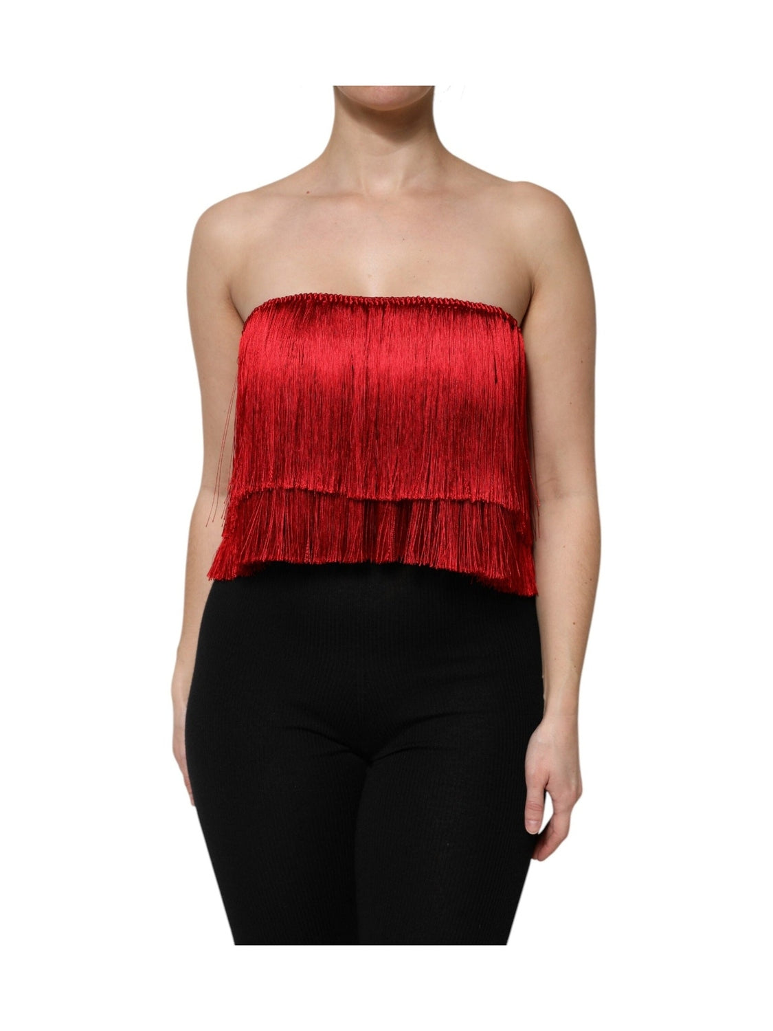 Dolce & Gabbana Red Silk Strapless Fringe Crop Tube Top