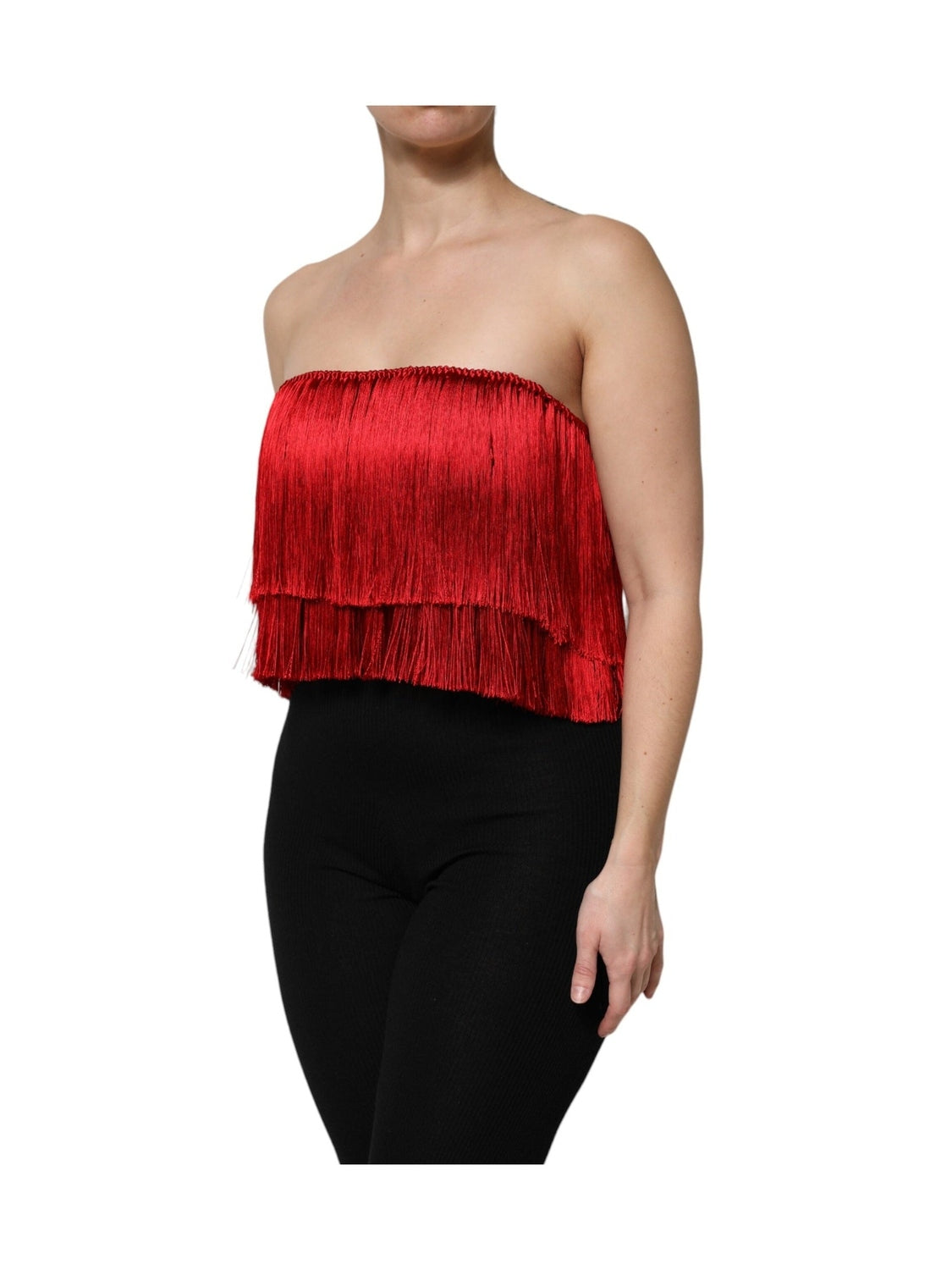 Dolce & Gabbana Red Silk Strapless Fringe Crop Tube Top