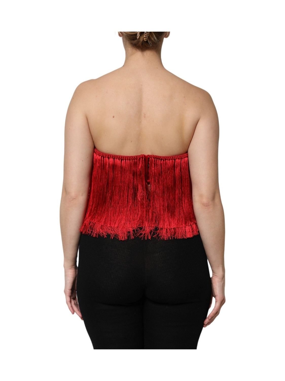 Dolce & Gabbana Red Silk Strapless Fringe Crop Tube Top