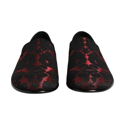 Dolce & Gabbana Red Black Jacquard Slip On Loafers Shoes