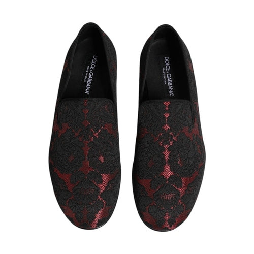 Dolce & Gabbana Red Black Jacquard Slip On Loafers Shoes