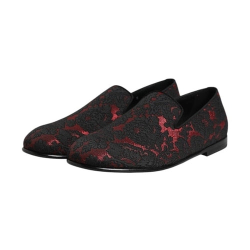 Dolce & Gabbana Red Black Jacquard Slip On Loafers Shoes