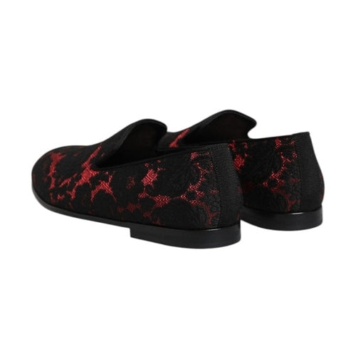 Dolce & Gabbana Red Black Jacquard Slip On Loafers Shoes