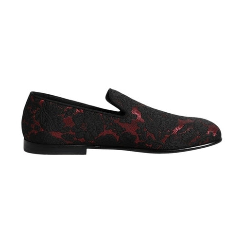 Dolce & Gabbana Red Black Jacquard Slip On Loafers Shoes