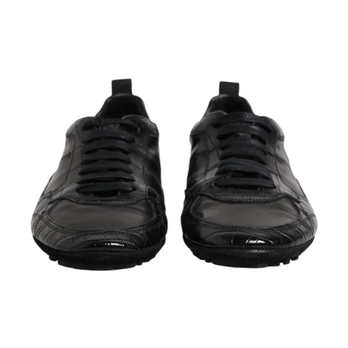 Black Exotic Leather Low Top Sneakers Shoes