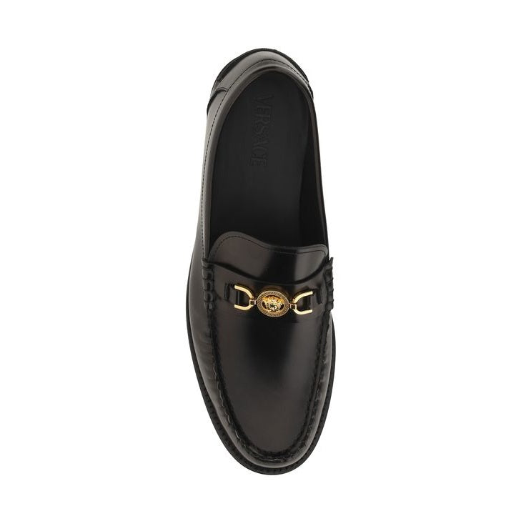 Versace Black Calf Leather Bos Taurus Slip-On Loafers