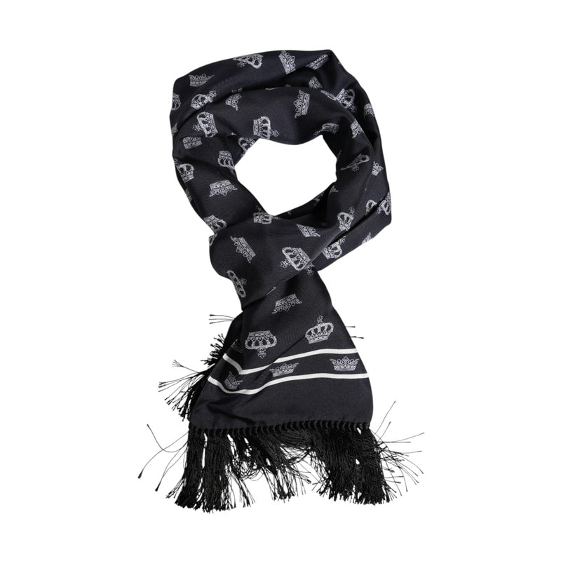 Dolce & Gabbana Black Silk Crown Fringes Men Foulard Scarf