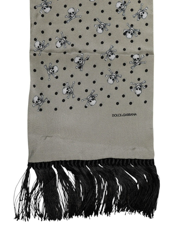 Dolce & Gabbana Gray Skulls Silk Fringes Men Foulard Scarf