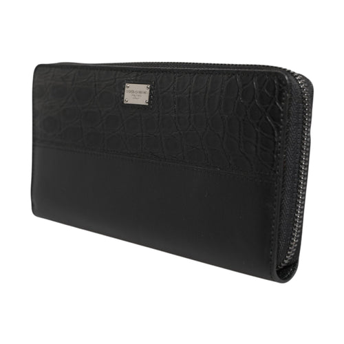 Black Leather Logo Plaque Zip Around Continental Wallet