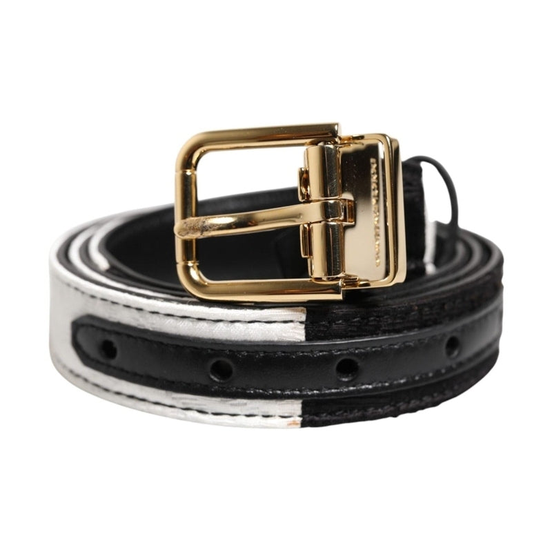 Dolce & Gabbana Black White Patchwork Gold Metal Buckle Belt