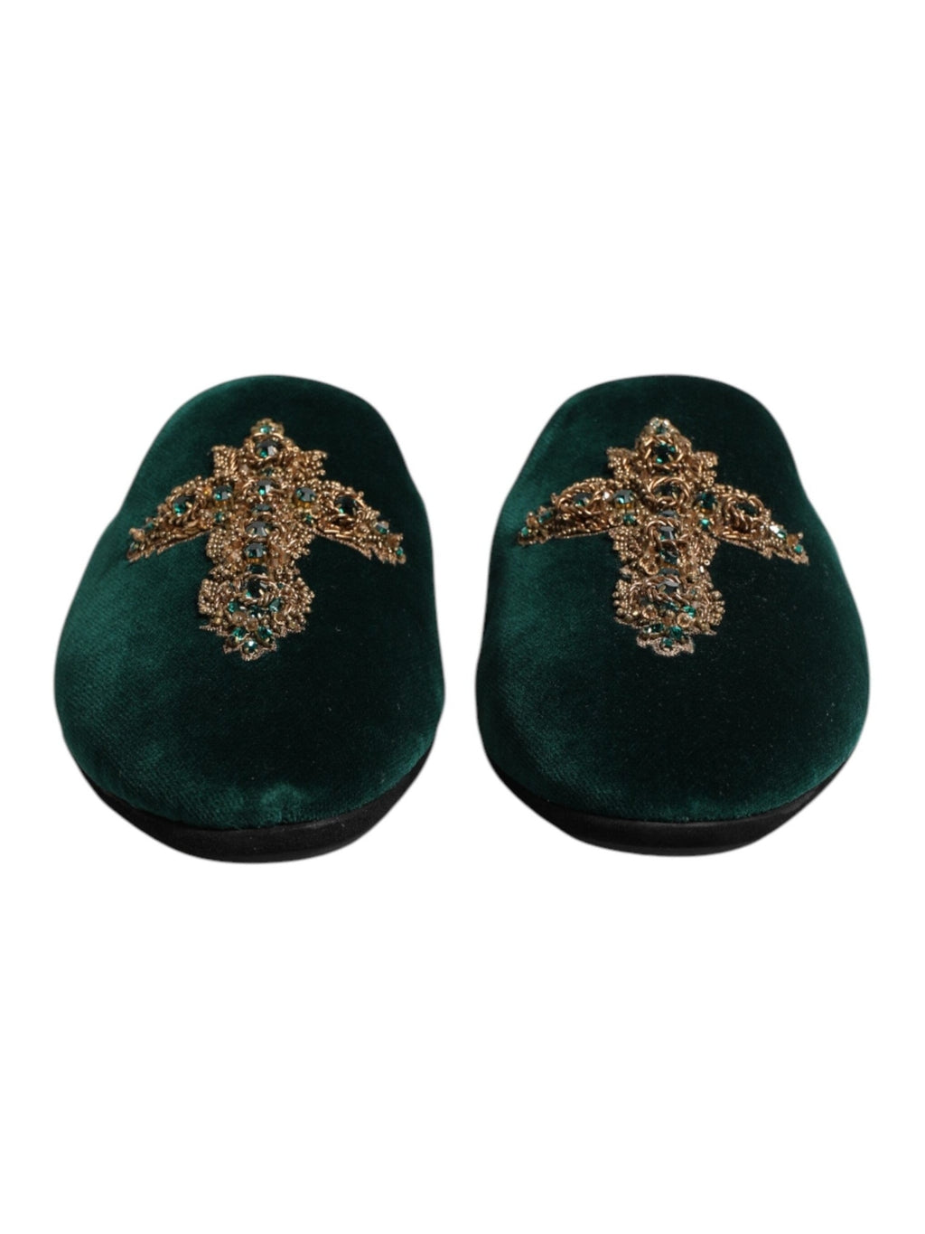 Dolce & Gabbana Green Velvet Cross Embellished Slippers Shoes