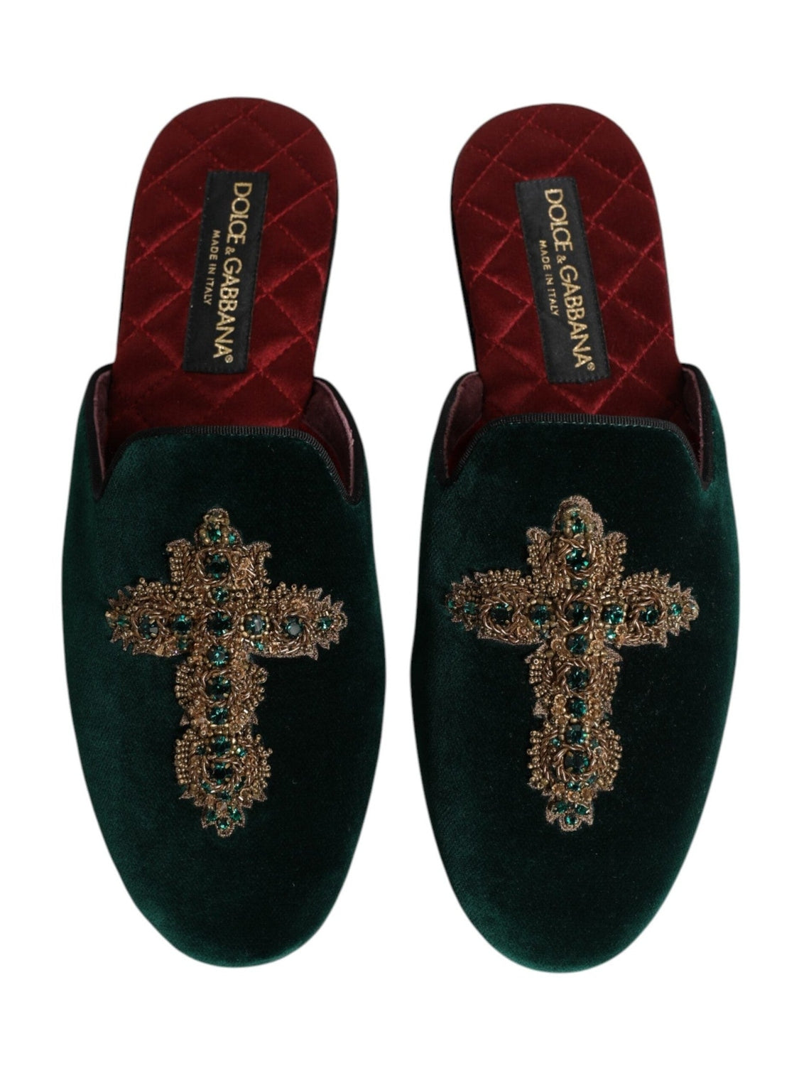 Dolce & Gabbana Green Velvet Cross Embellished Slippers Shoes
