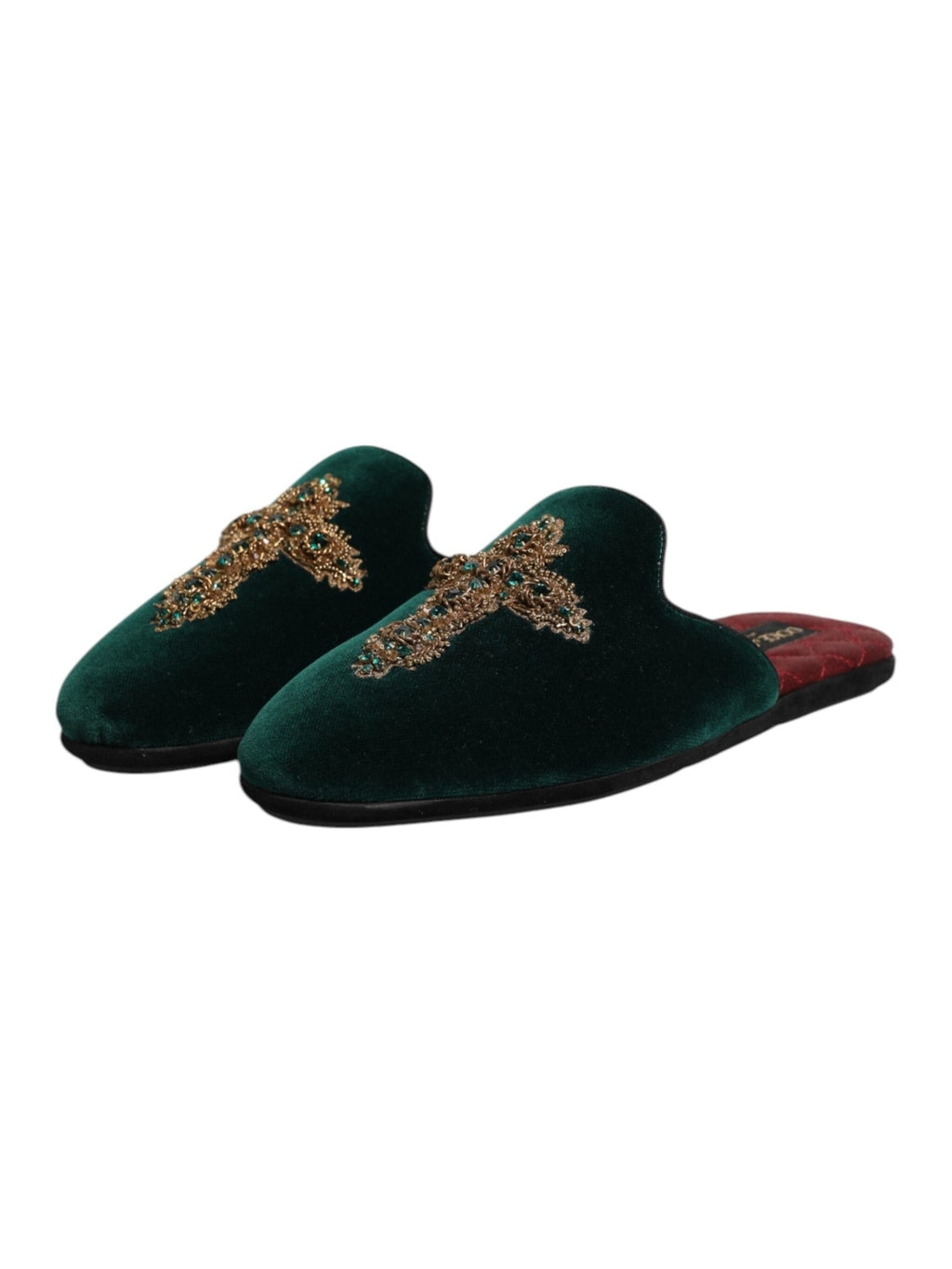 Dolce & Gabbana Green Velvet Cross Embellished Slippers Shoes