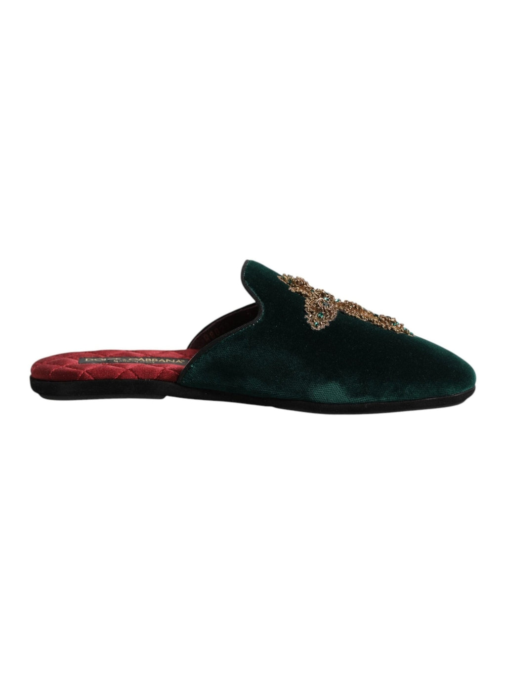 Dolce & Gabbana Green Velvet Cross Embellished Slippers Shoes