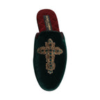 Green Velvet Cross Embellished Slippers Shoes