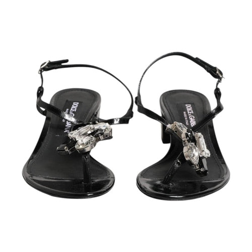 Dolce & Gabbana Black Leather Crystal Ankle Strap Sandals Shoes