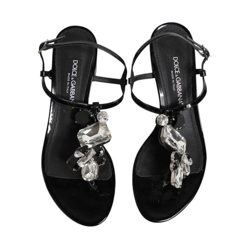 Dolce & Gabbana Black Leather Crystal Ankle Strap Sandals Shoes