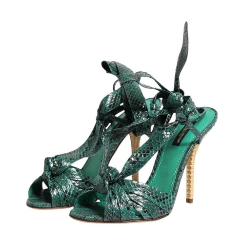 Dolce & Gabbana Green Python Leather Heels Sandals Shoes