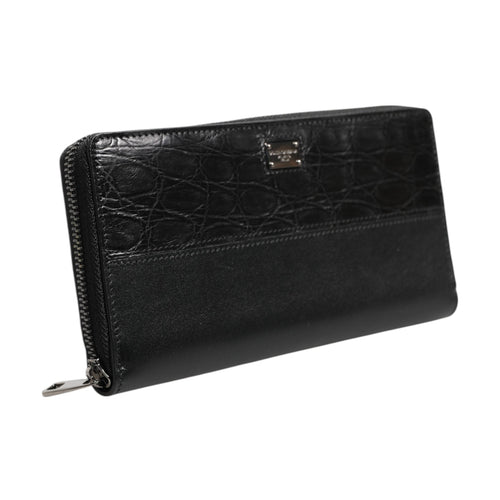 Black Leather Logo Plaque Zip Around Continental Wallet