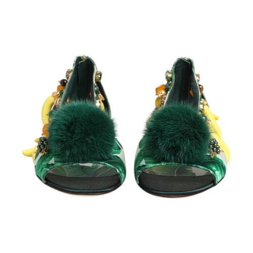 Dolce & Gabbana Green Mink Fur Satin Banana Leaf Sandals Shoes