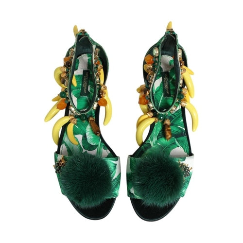 Dolce & Gabbana Green Mink Fur Satin Banana Leaf Sandals Shoes