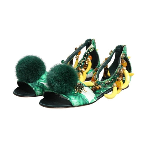 Dolce & Gabbana Green Mink Fur Satin Banana Leaf Sandals Shoes