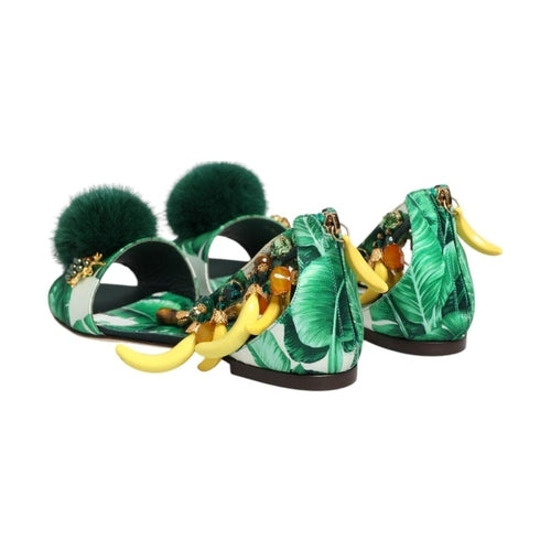 Dolce & Gabbana Green Mink Fur Satin Banana Leaf Sandals Shoes