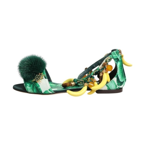 Dolce & Gabbana Green Mink Fur Satin Banana Leaf Sandals Shoes