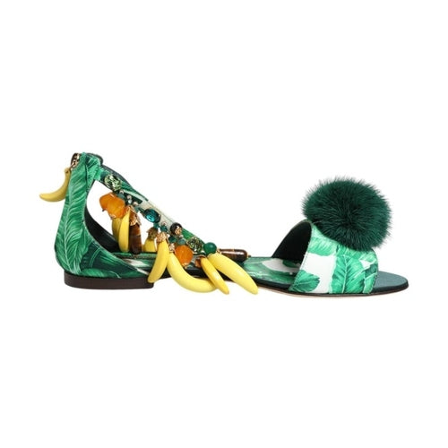 Dolce & Gabbana Green Mink Fur Satin Banana Leaf Sandals Shoes