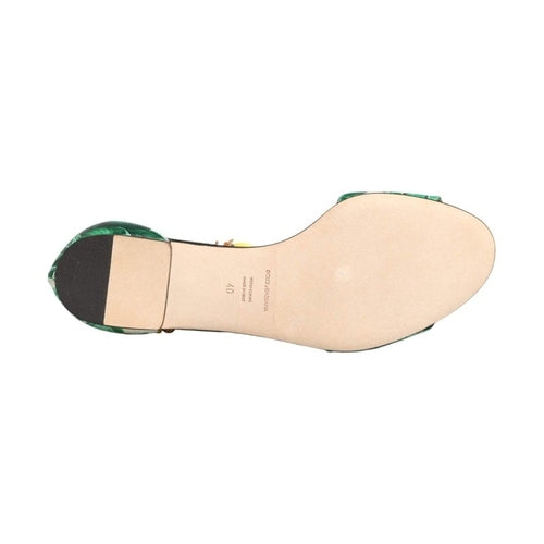 Dolce & Gabbana Green Mink Fur Satin Banana Leaf Sandals Shoes