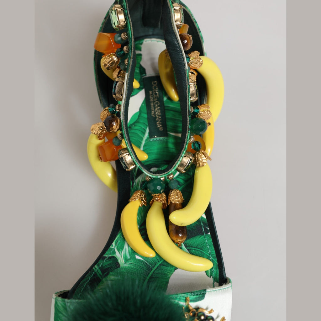 Green Mink Fur Satin Banana Leaf Sandals Shoes