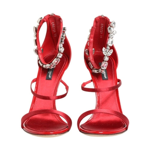 Dolce & Gabbana Red Satin Crystals Keira Sandals Heels Shoes