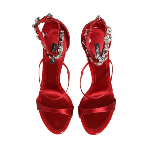 Dolce & Gabbana Red Satin Crystals Keira Sandals Heels Shoes