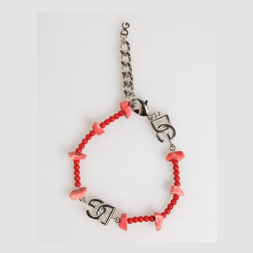 Dolce & Gabbana Silver Tone Brass Beaded Resin DG Logo Chain Men Bracelet