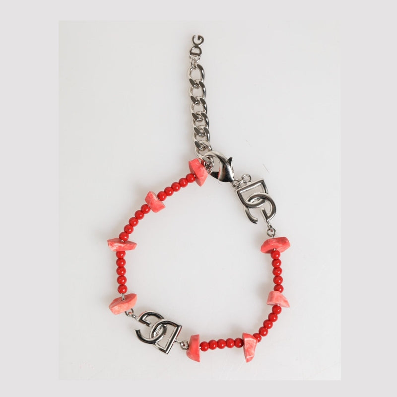 Dolce & Gabbana Silver Tone Brass Beaded Resin DG Logo Chain Men Bracelet