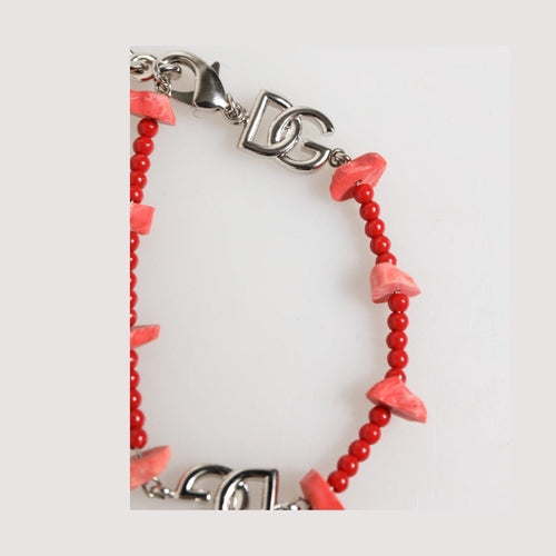 Dolce & Gabbana Silver Tone Brass Beaded Resin DG Logo Chain Men Bracelet