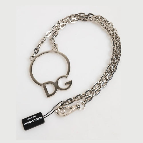 Dolce & Gabbana Silver Tone Brass Chain DG Logo Pendant Men Necklace