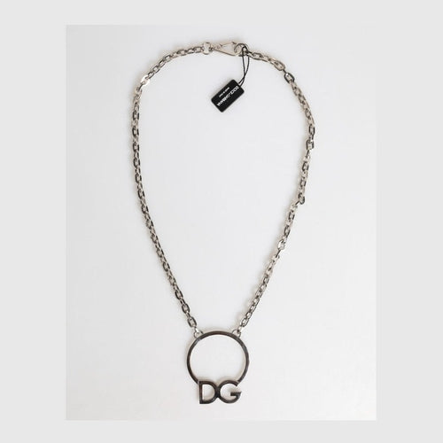 Dolce & Gabbana Silver Tone Brass Chain DG Logo Pendant Men Necklace