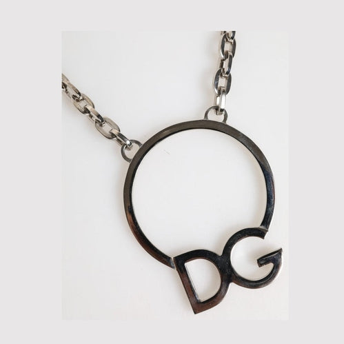 Dolce & Gabbana Silver Tone Brass Chain DG Logo Pendant Men Necklace