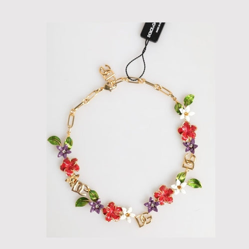 Dolce & Gabbana Gold Brass Logo Detail Floral Fashion Jewelry Necklace