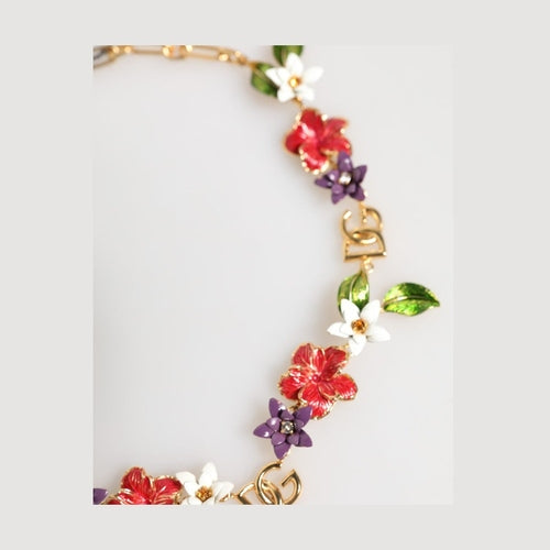 Dolce & Gabbana Gold Brass Logo Detail Floral Fashion Jewelry Necklace