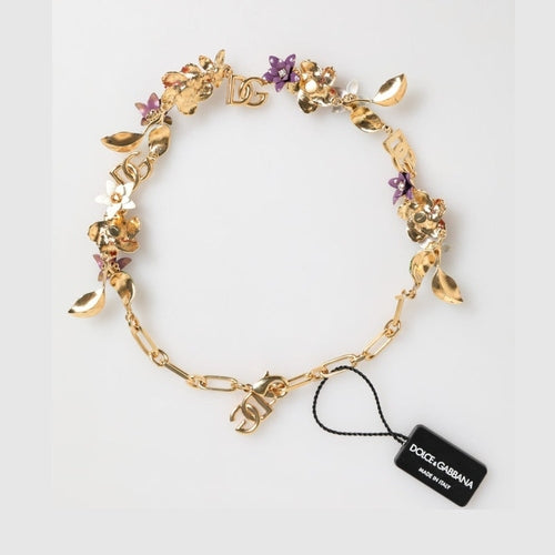 Dolce & Gabbana Gold Brass Logo Detail Floral Fashion Jewelry Necklace