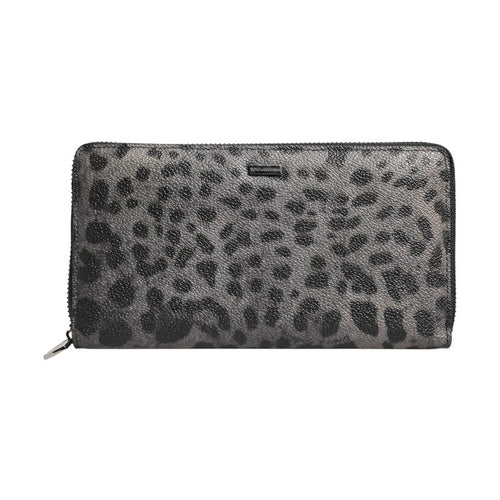 Dolce & Gabbana Black Gray Leopard Leather Zip Around Continental Wallet