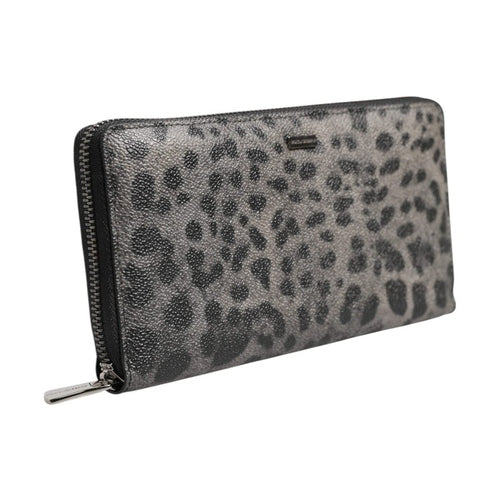 Dolce & Gabbana Black Gray Leopard Leather Zip Around Continental Wallet